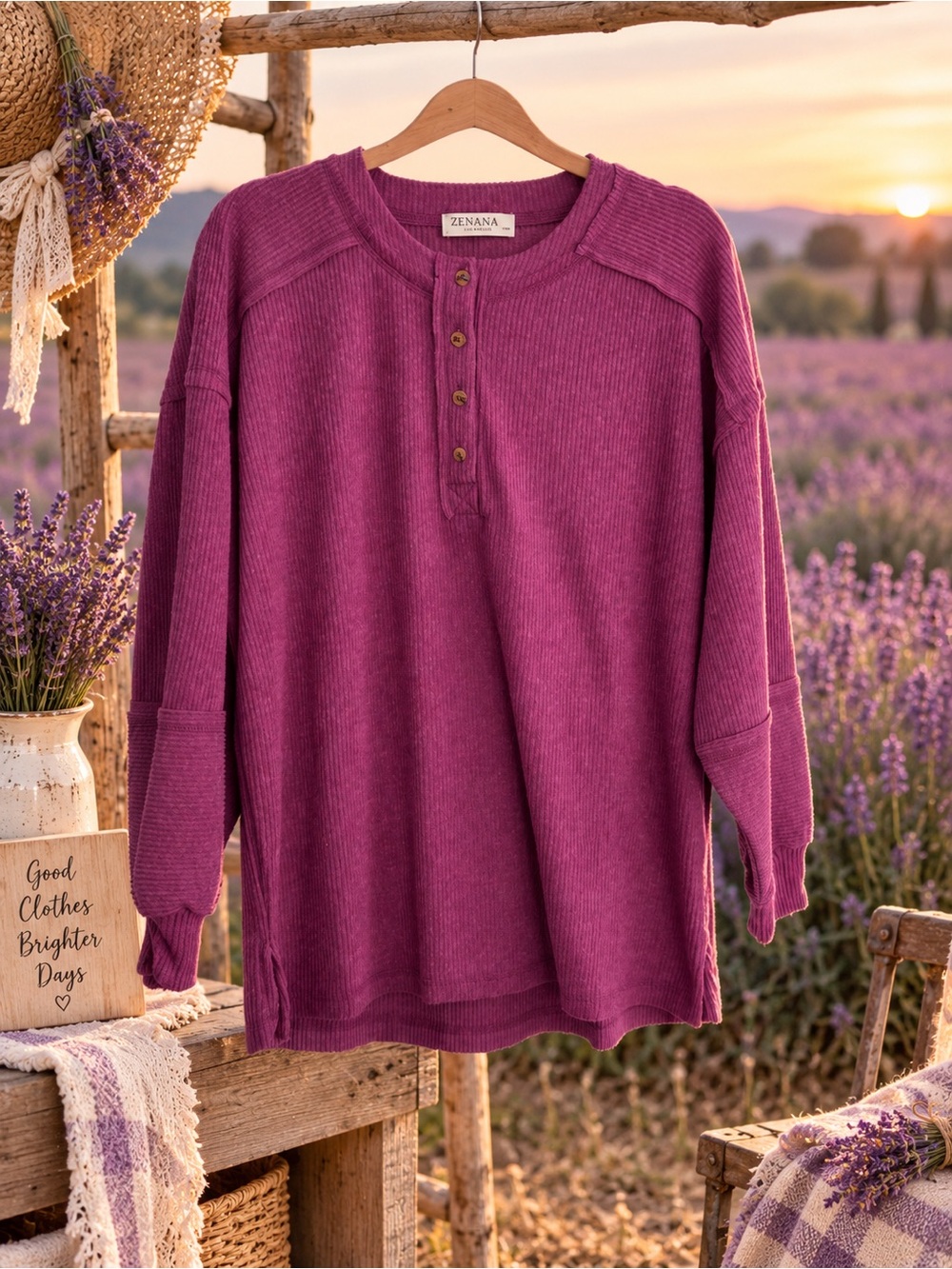 Zenana Outfitters Plum Ribbed Henley Long Sleeve Top